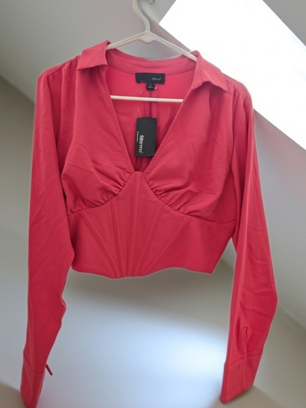 Bright Red Corset-Hem Button Down Long Sleeve Top
